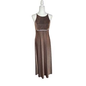 Vintage 90s cache brown and gold shimmer maxi dress